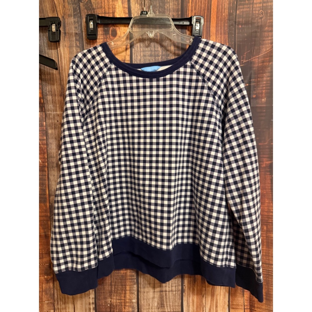 Draper James Navy White Gingham Cotton French Terry Sweatshirt XXL TOK0252